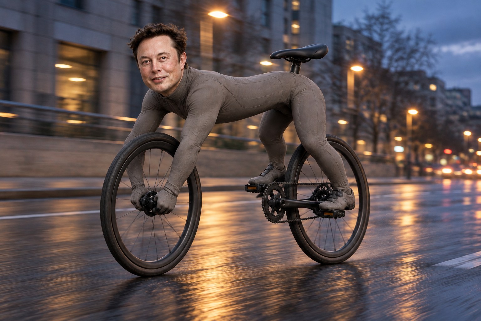 ILON BIKE riding through a city at dusk, streetlights reflecting on wet asphalt