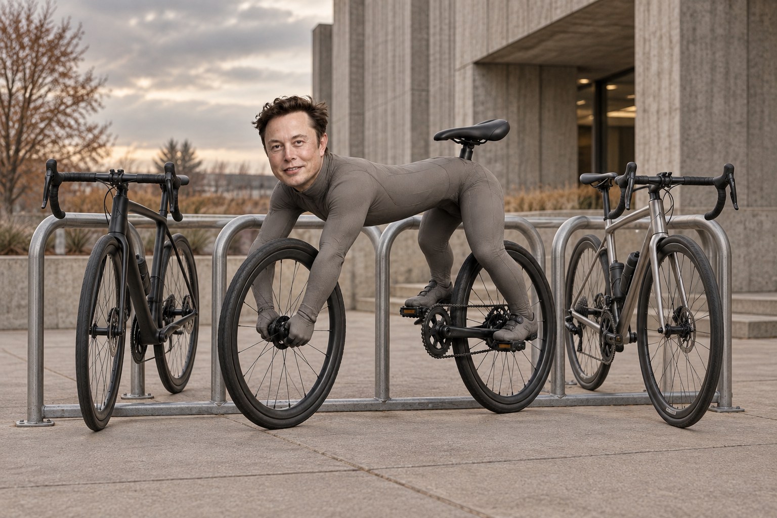 ILON BIKE parked between ordinary bicycles outside a concrete building